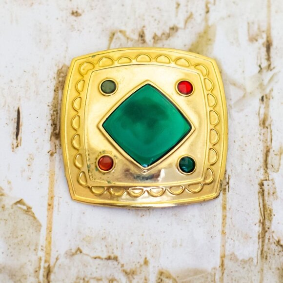 Vintage Green Diamond Gold Tone Square Brooch - B19 - Picture 1 of 2